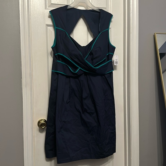 Jessica Simpson Navy Blue/Teal Trim Pleated Dress w/ Peephole Back NWT Size: 18W - Picture 1 of 7